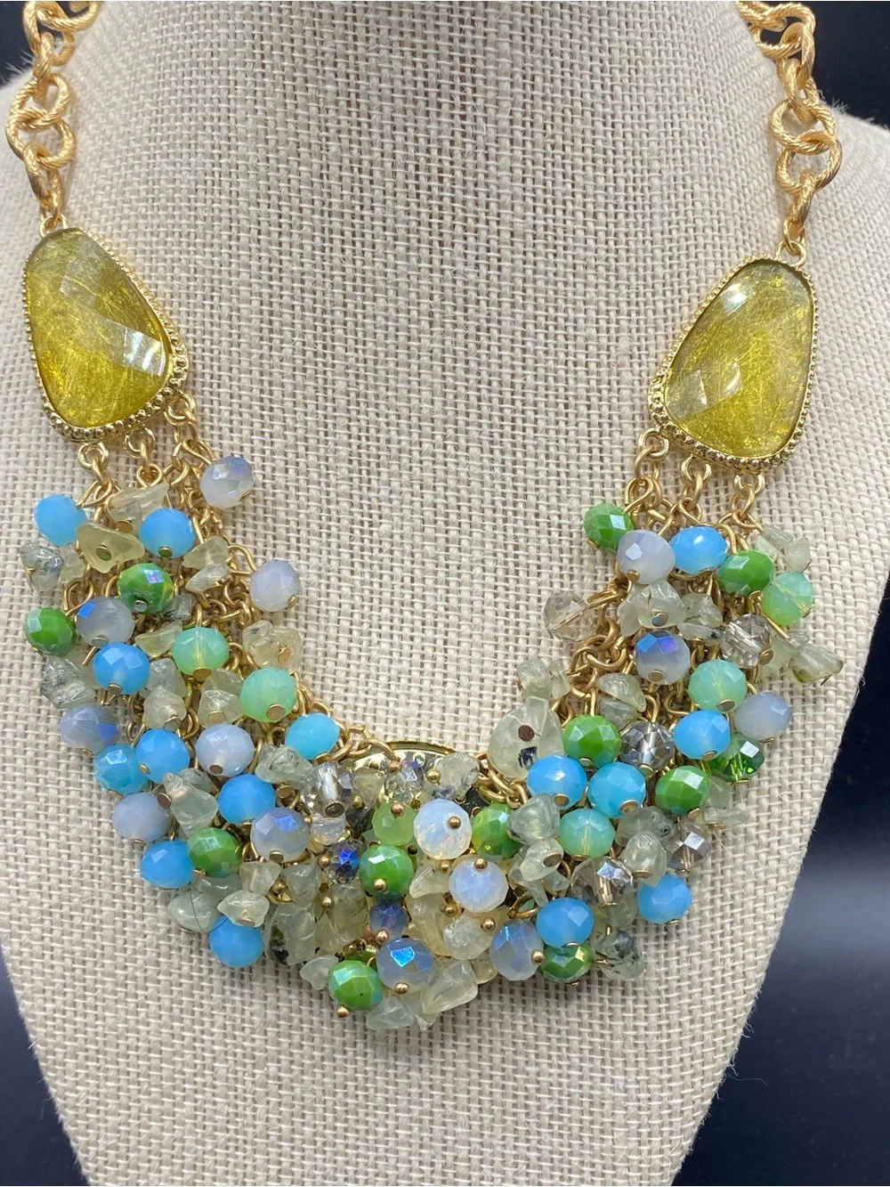 JANICE KEELER Glass Beads Statement Necklace Gold Tone Blue Green